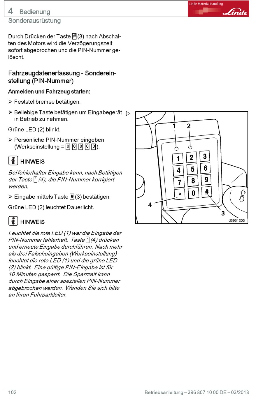 Fahrzeugdatenerfassung - Sondereinstellung (Pin-Nummer) - Linde H50D ...