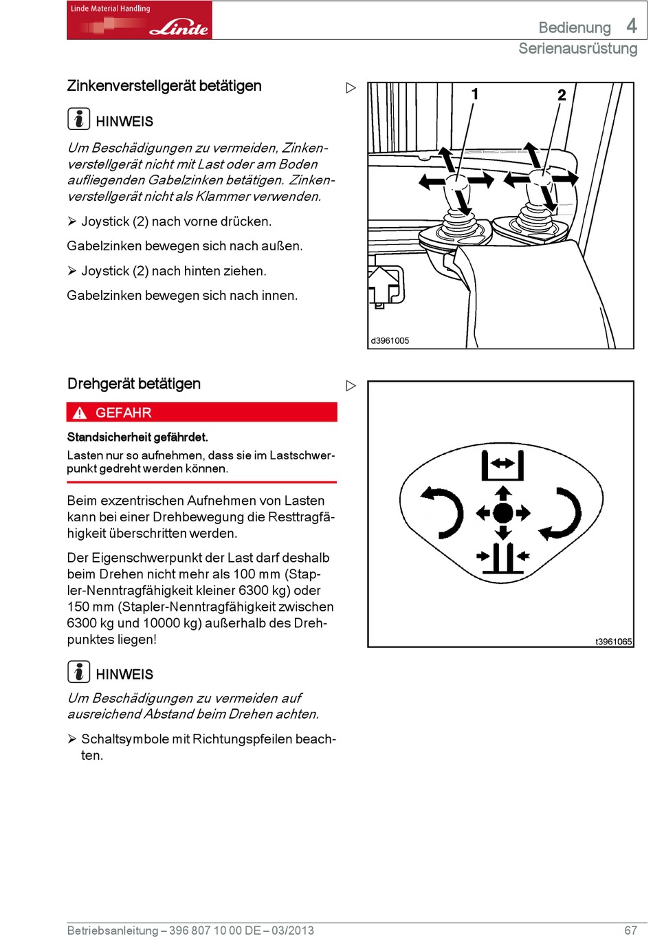 Zinkenverstellgerät Betätigen Linde H50D Originalbetriebsanleitung