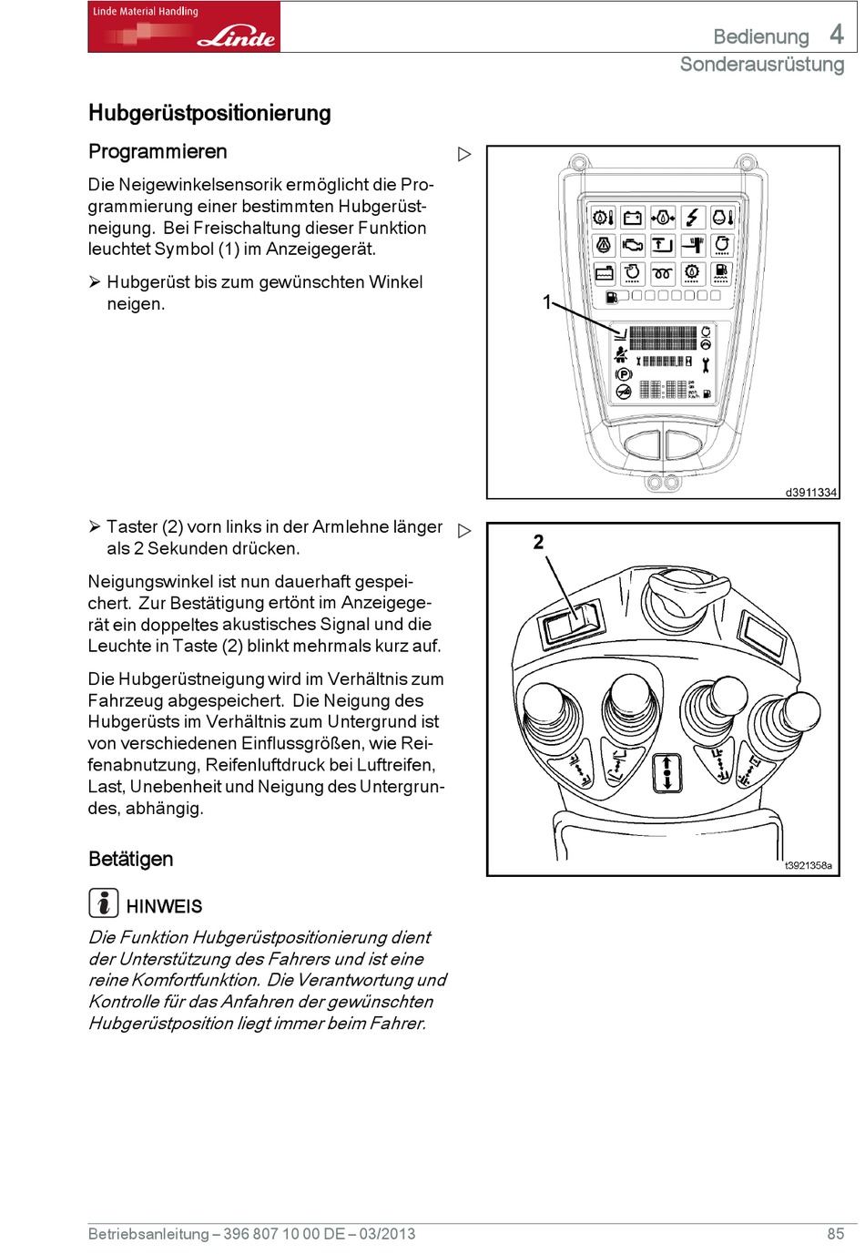 Hubgerüstpositionierung Linde H50D Originalbetriebsanleitung [Seite