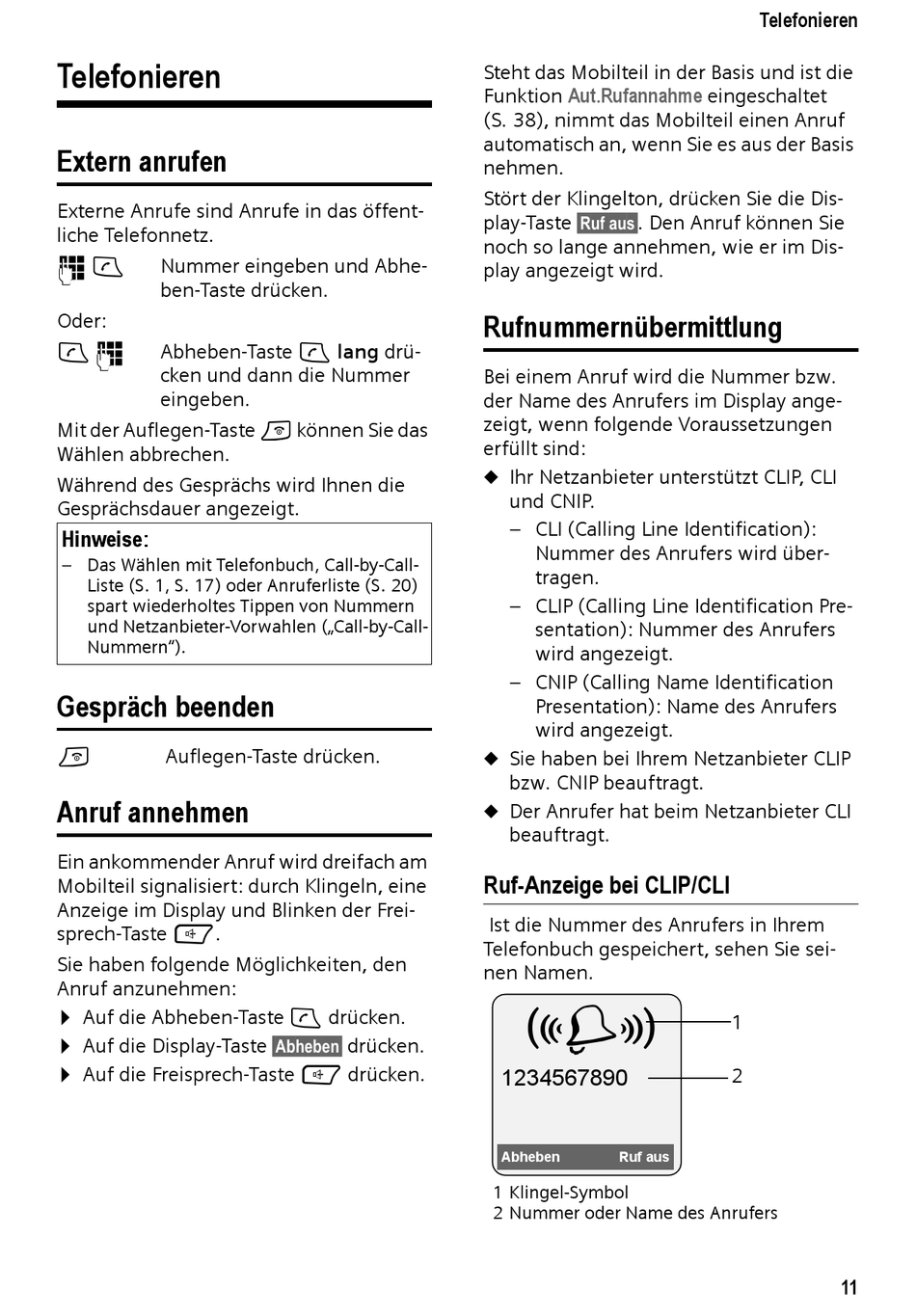Telefonieren; Extern Anrufen; Gespräch Beenden; Anruf Annehmen ...