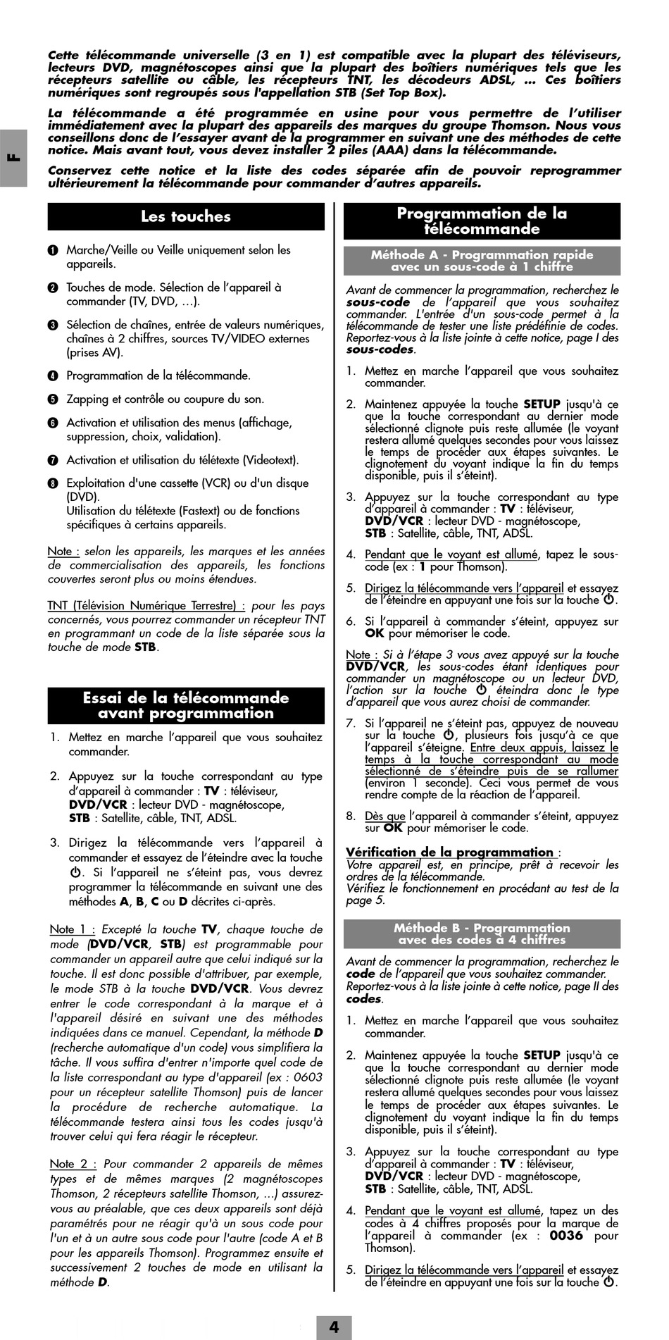 Programmation De La Télécommande - THOMSON ROC3407 Bedienungsanleitung ...