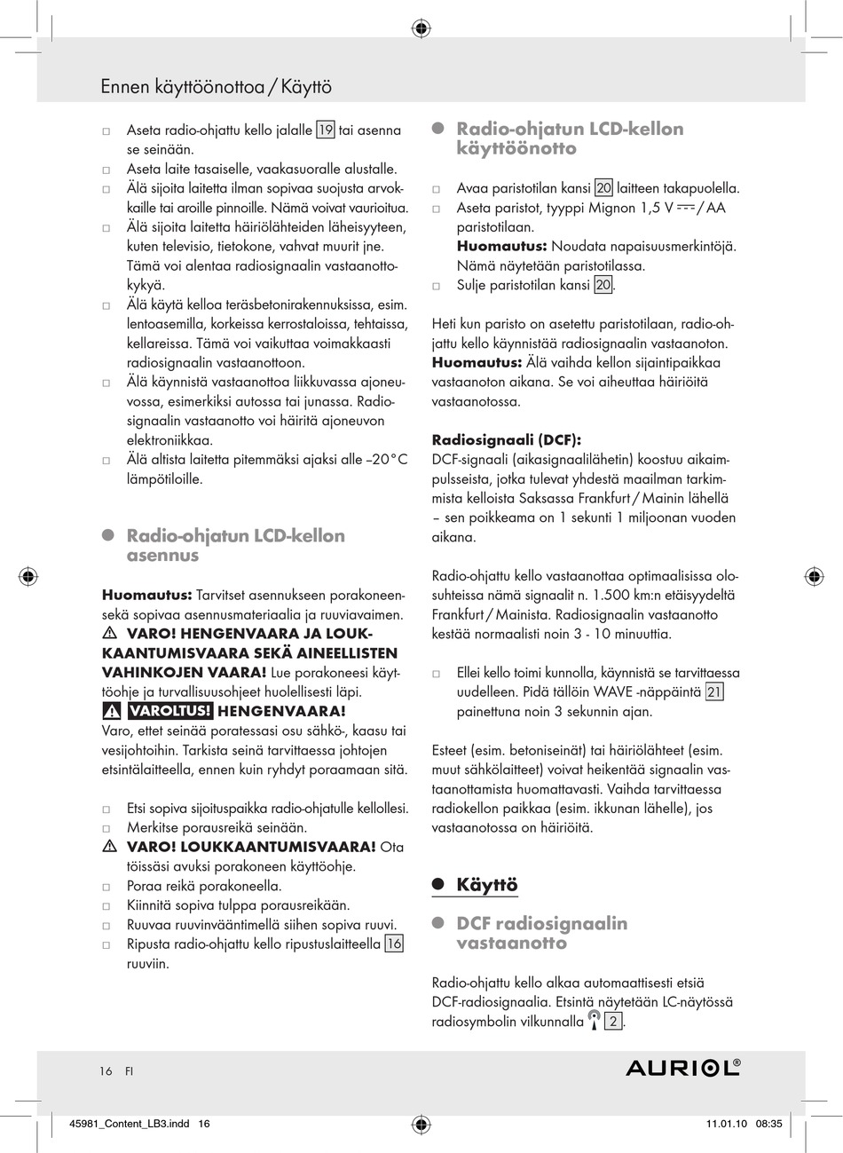 Radio-Ohjatun Lcd-Kellon Asennus; Radio-Ohjatun Lcd-Kellon Käyttöönotto;  Käyttö; Dcf Radiosignaalin Vastaanotto - Auriol Z29620 Bedienungsanleitung  [Seite 14] | ManualsLib