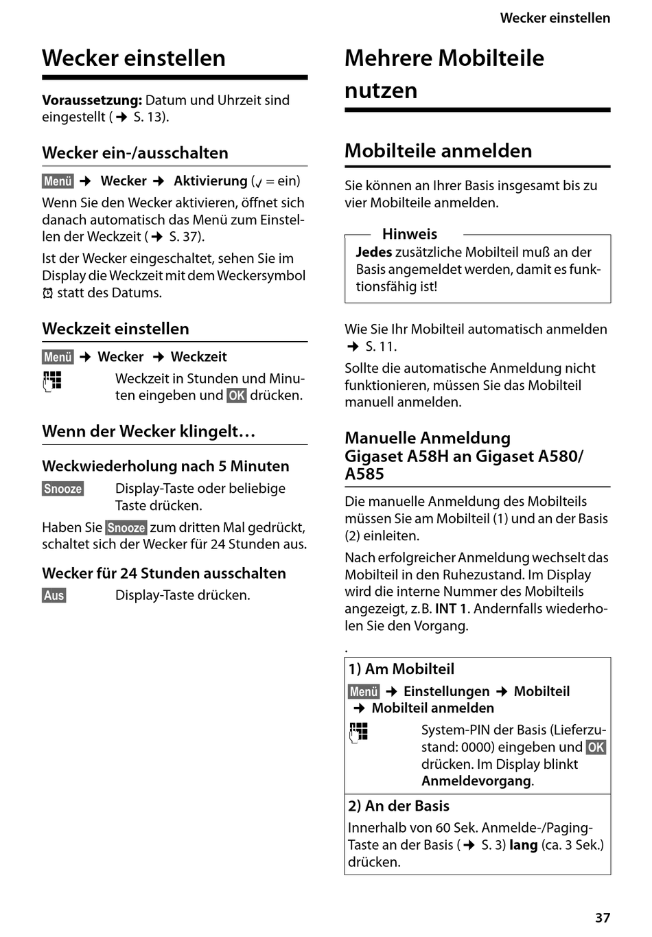 Wecker Einstellen; Mehrere Mobilteile Nutzen; Mobilteile Anmelden ...