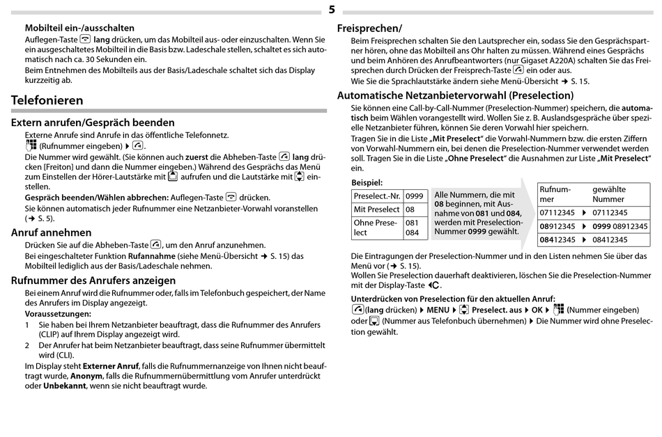 Anruf Annehmen; Automatische Netzanbietervorwahl (Preselection ...