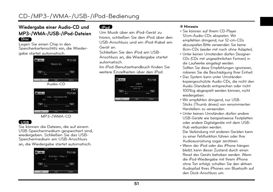 Cd/Mp3/Wma/Usb/IpodBedienung; Wiedergabe Einer AudioCd Und; Mp3
