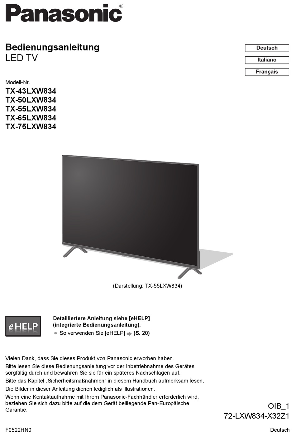 PANASONIC TX-43LXW834 BEDIENUNGSANLEITUNG Pdf-Herunterladen | ManualsLib