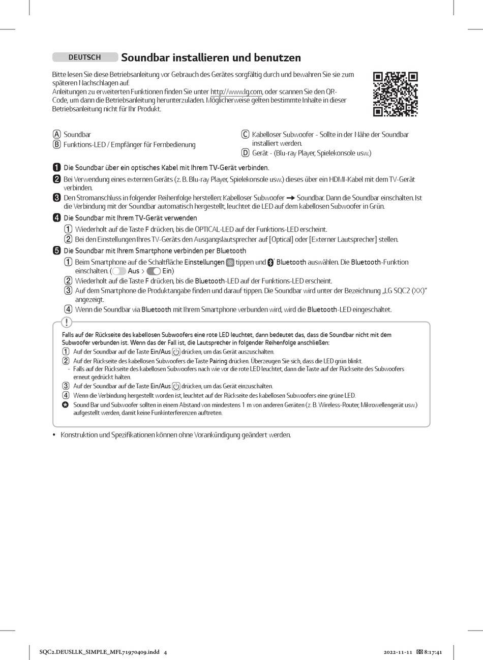Soundbar Installieren Und Benutzen LG SQC2 Bedienungsanleitung [Seite