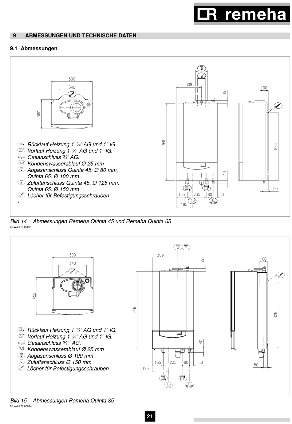 9 Abmessungen Und Technische Daten REMEHA Quinta 45 Technische Daten