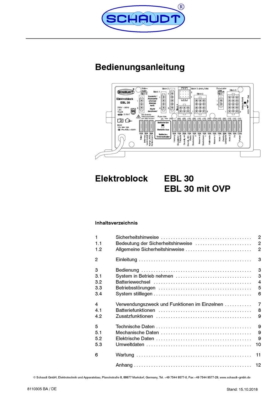 SCHAUDT EBL 30 BEDIENUNGSANLEITUNG PdfHerunterladen ManualsLib