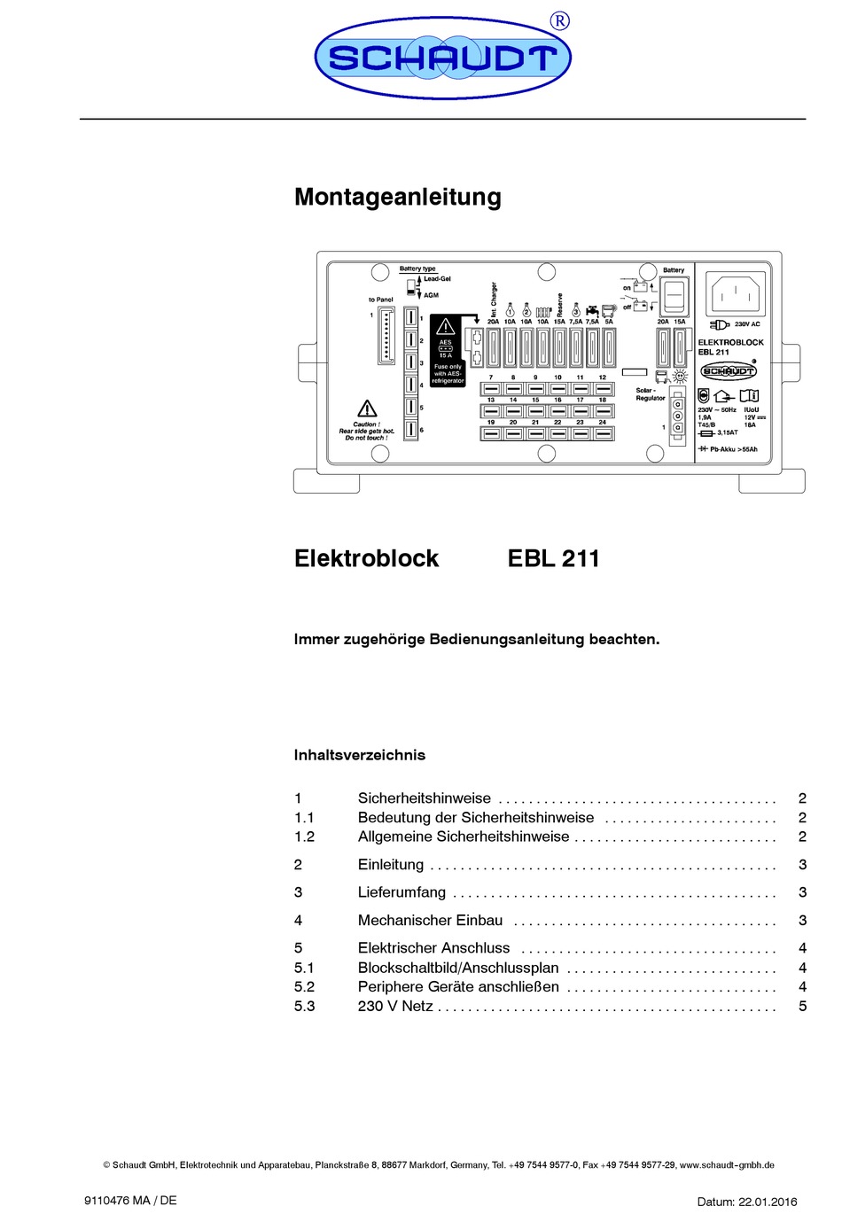 SCHAUDT ELEKTROBLOCK EBL 211 MONTAGEANLEITUNG PdfHerunterladen