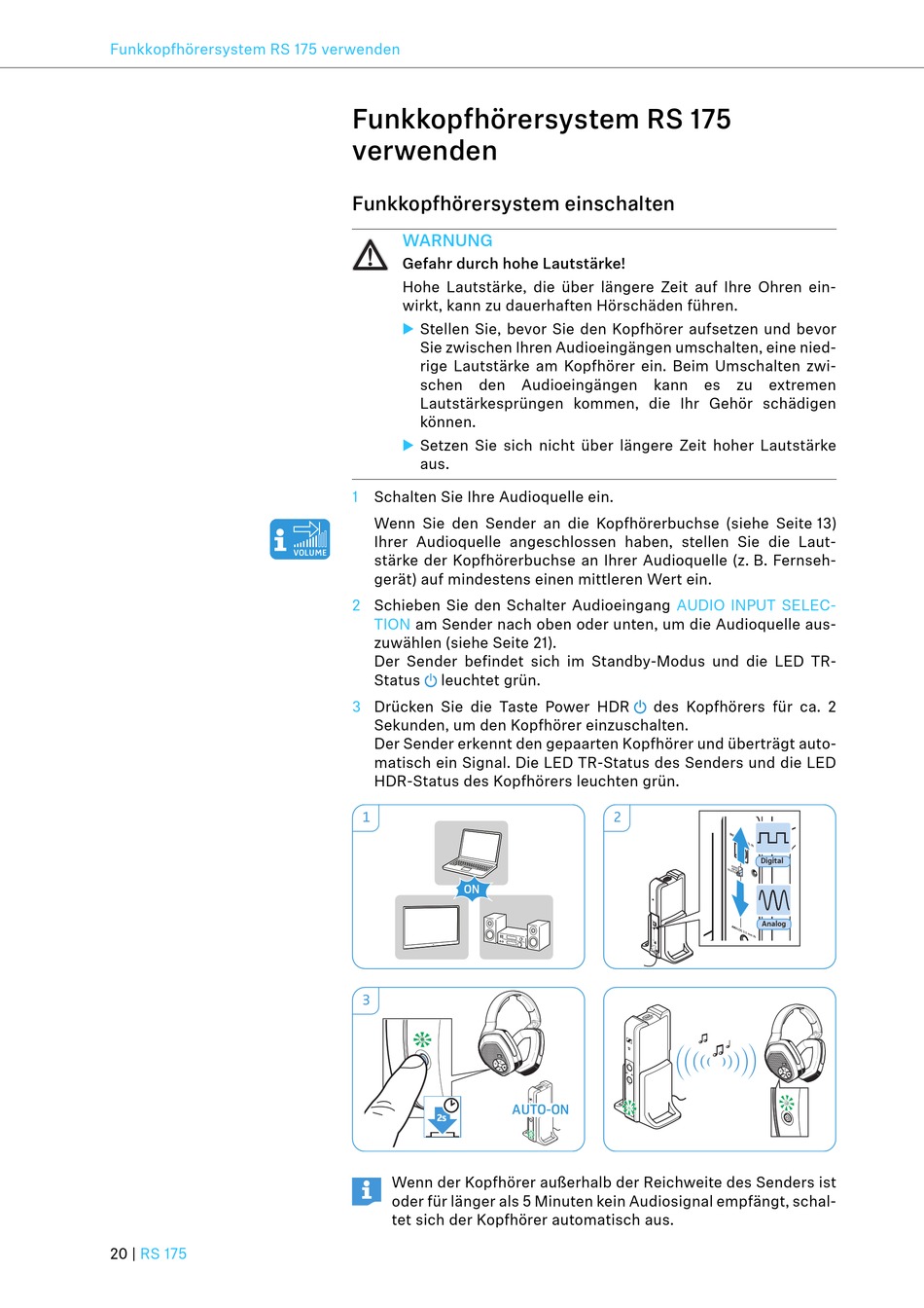 Funkkopfhörersystem Einschalten Sennheiser RS 175 Bedienungsanleitung
