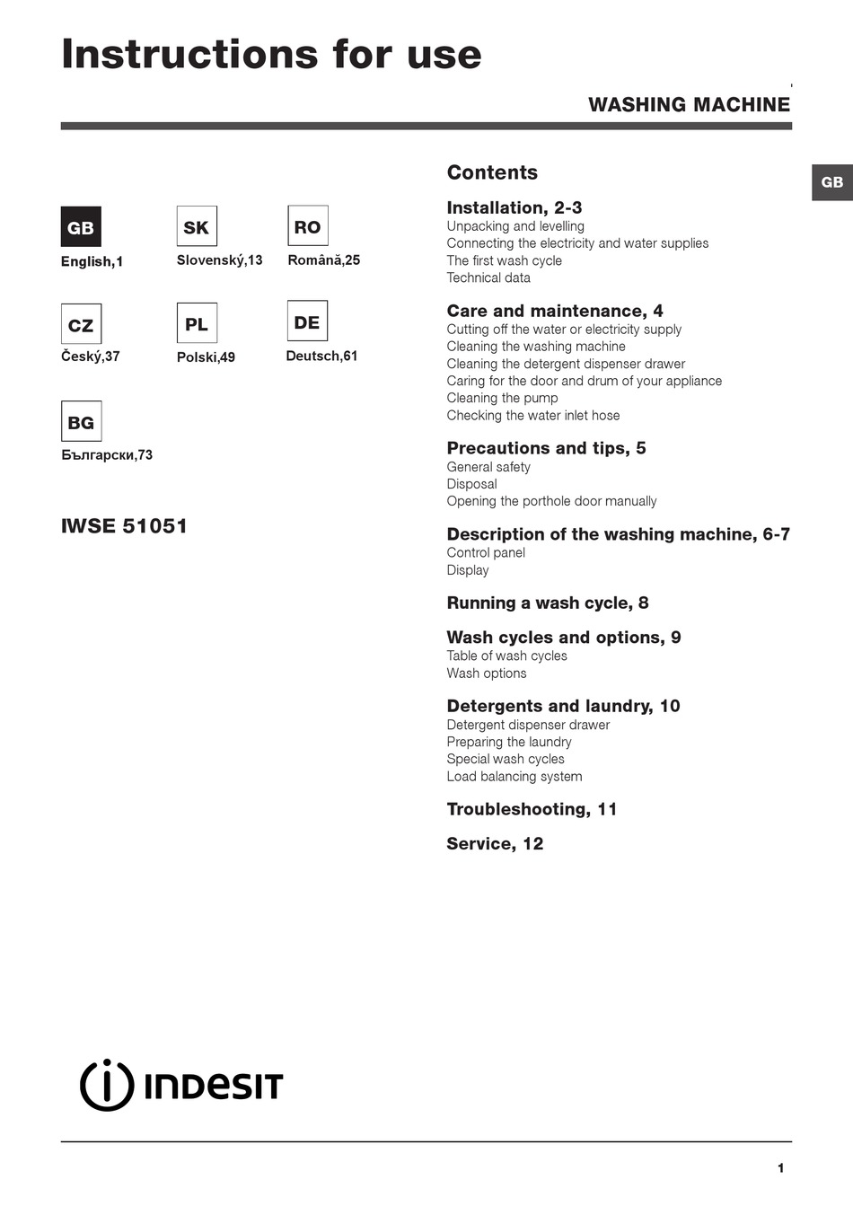 INDESIT IWSE 51051 BEDIENUNGSANLEITUNGEN Pdf-Herunterladen | ManualsLib