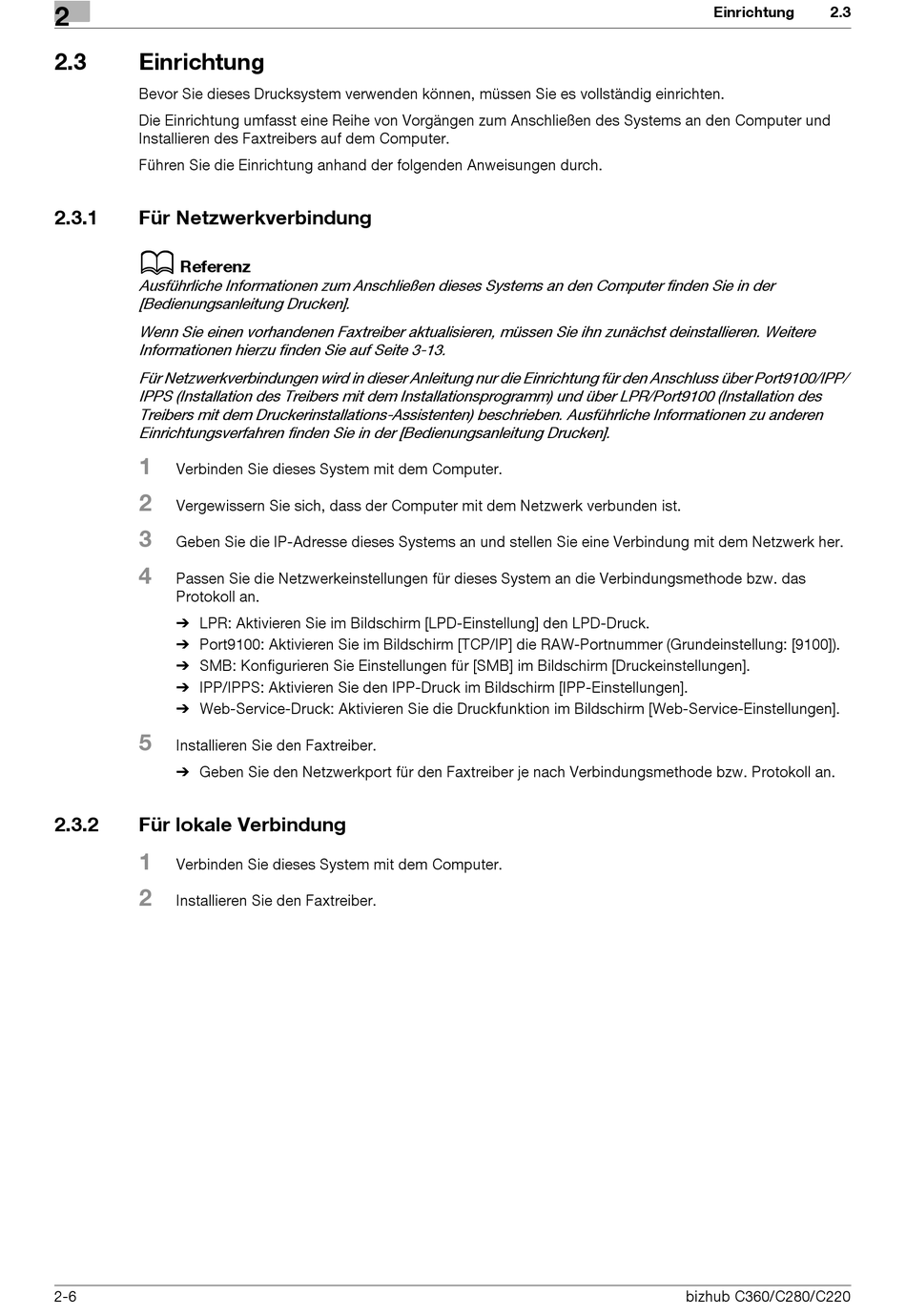 Einrichtung; Für Netzwerkverbindung; Für Lokale Verbindung - Konica ...
