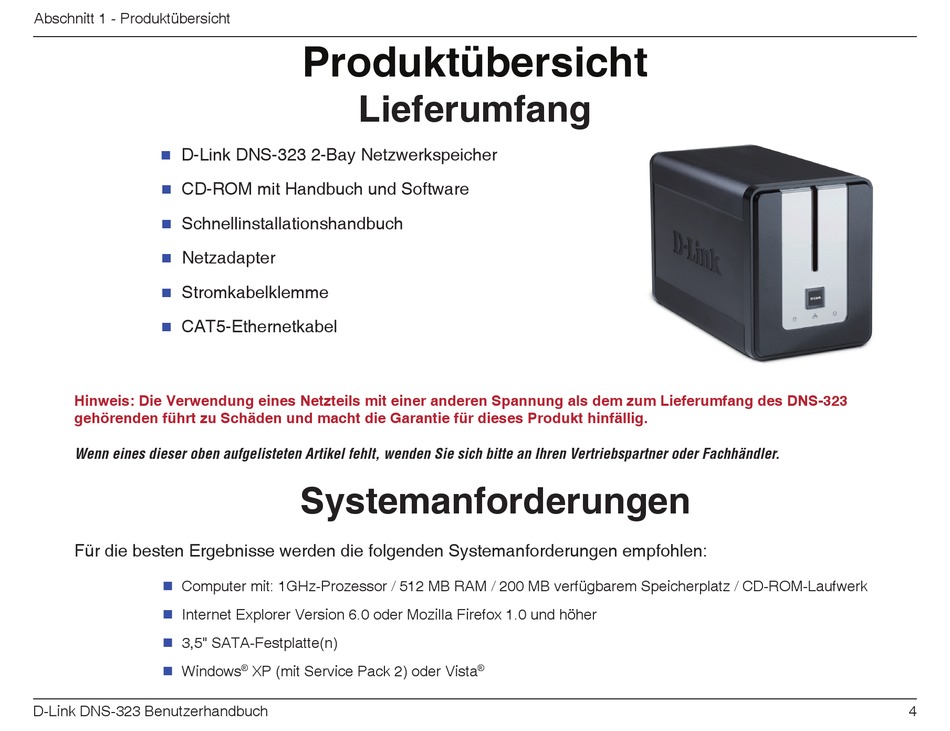 Produktübersicht; Paketinhalt; Lieferumfang; Systemanforderungen - D ...