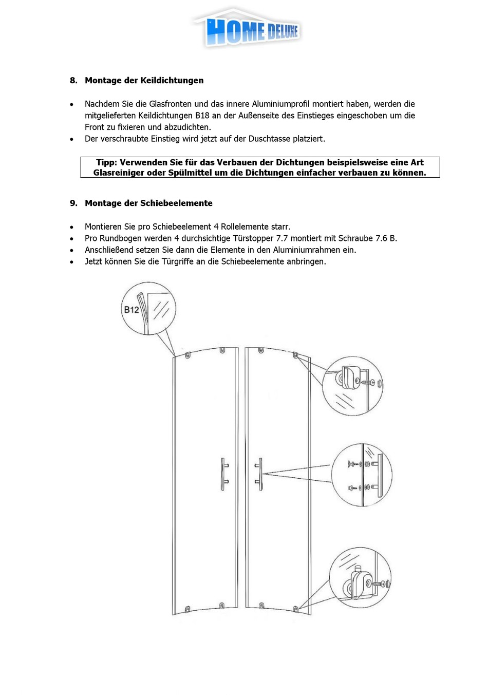 Montage Der Keildichtungen; Montage Der Schiebeelemente - Home Deluxe ...