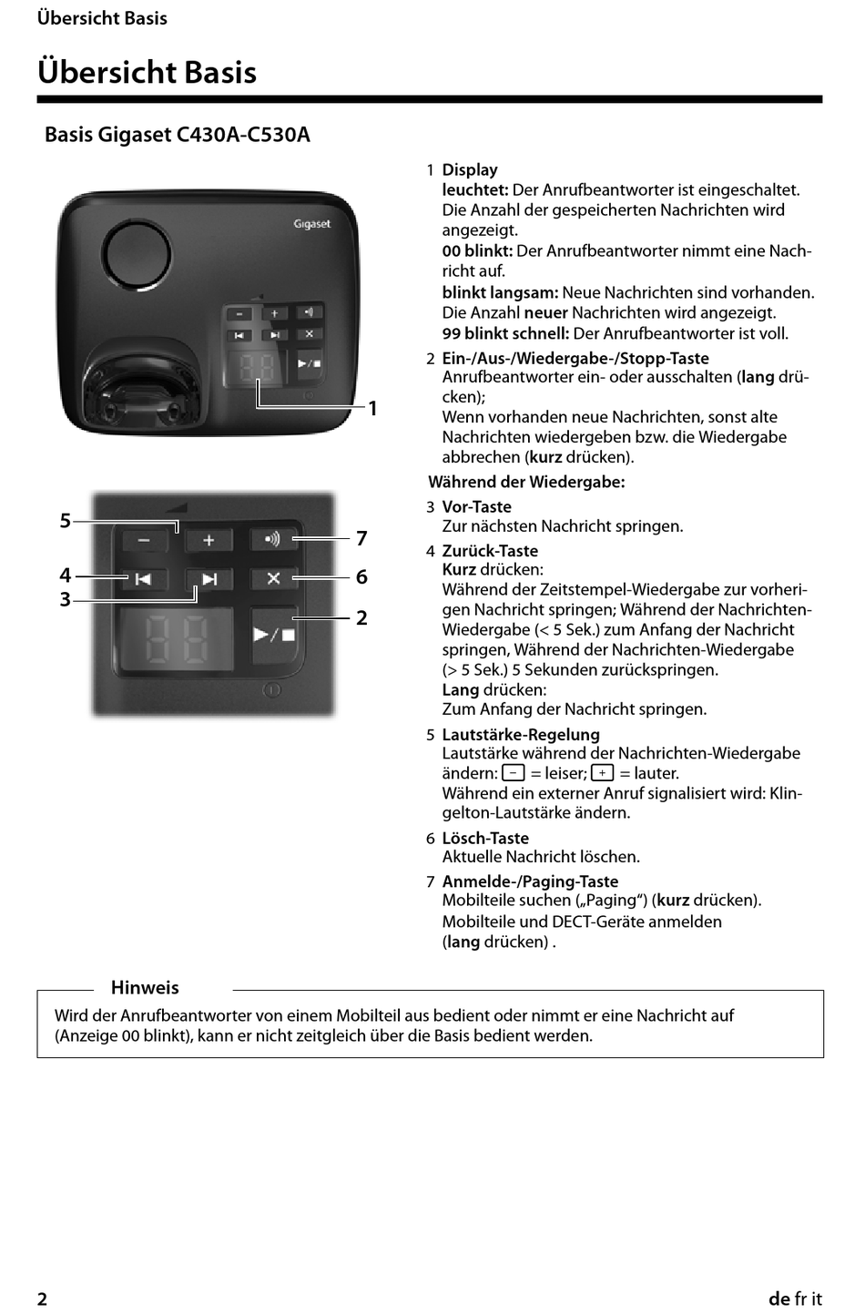 Übersicht Basis - Siemens GIGASET C530-C530A Bedienungsanleitung [Seite ...