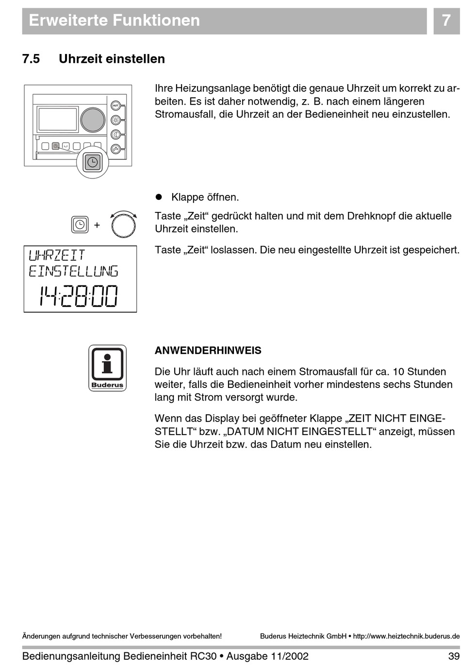 Uhrzeit Einstellen - Buderus RC30 Bedienungsanleitung [Seite 39 ...