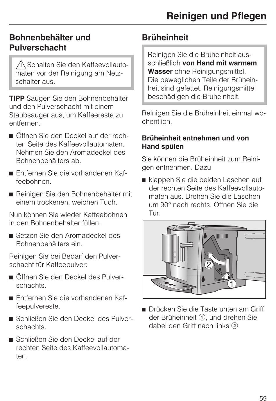 Bohnenbehalter Und Pulverschacht Bruheinheit Miele Cm 50 Silver Edition Gebrauchsanweisung Seite 59 Manualslib