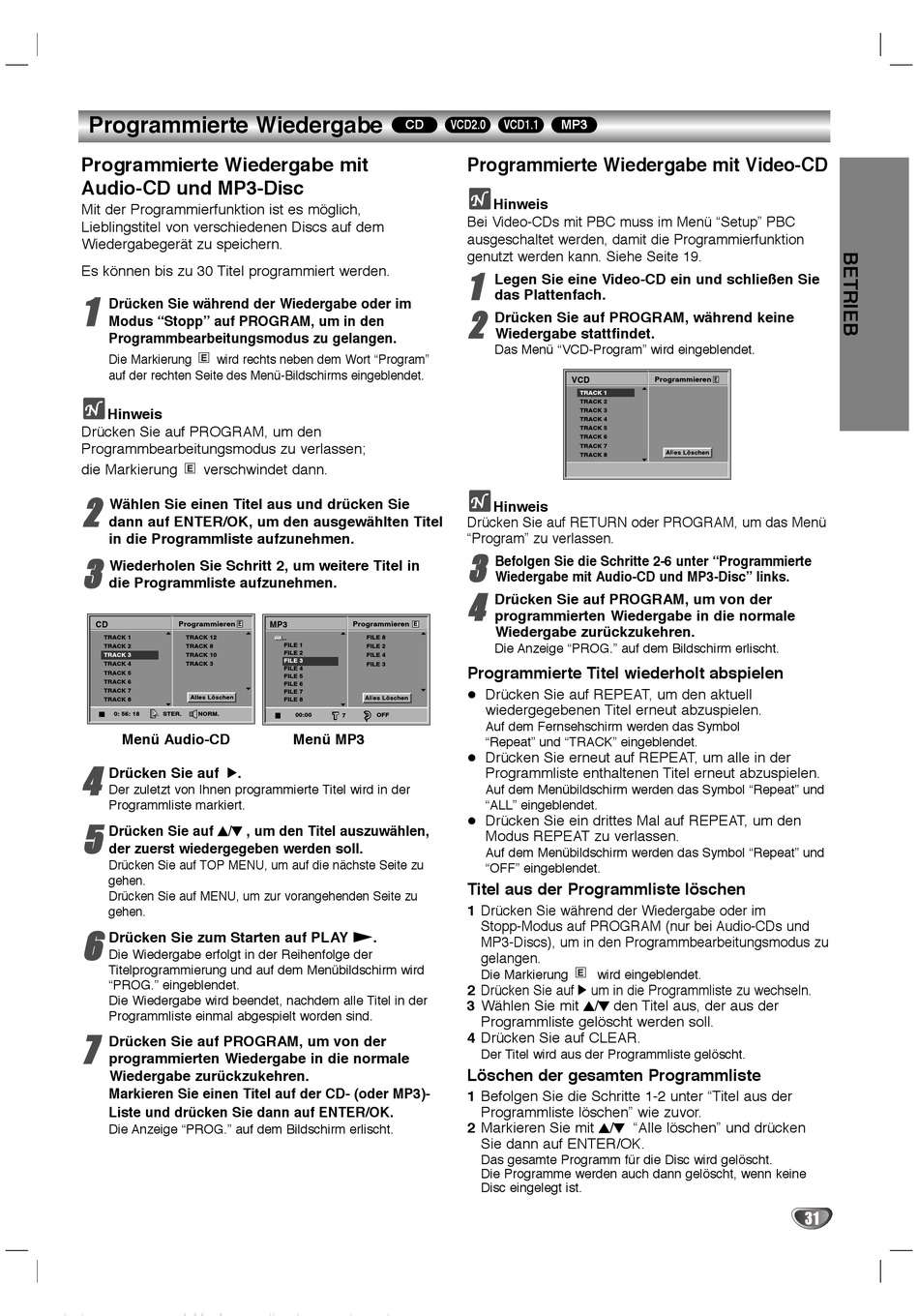 Programmierte Wiedergabe; Programmierte Wiedergabe Mit AudioCd Und Mp3