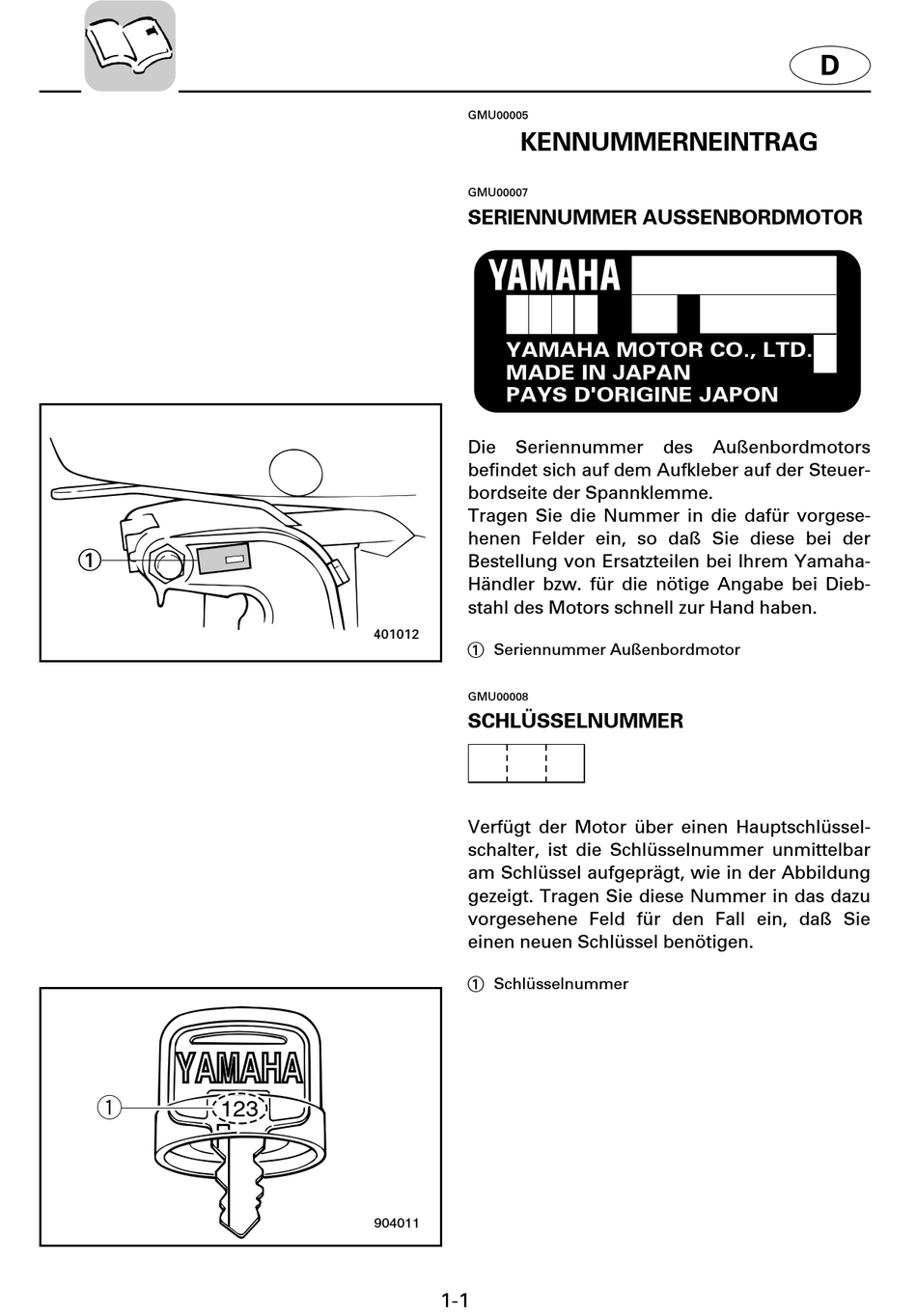 Kennummerneintrag; Seriennummer Ausßenbordmotor; Schlüsselnummer ...