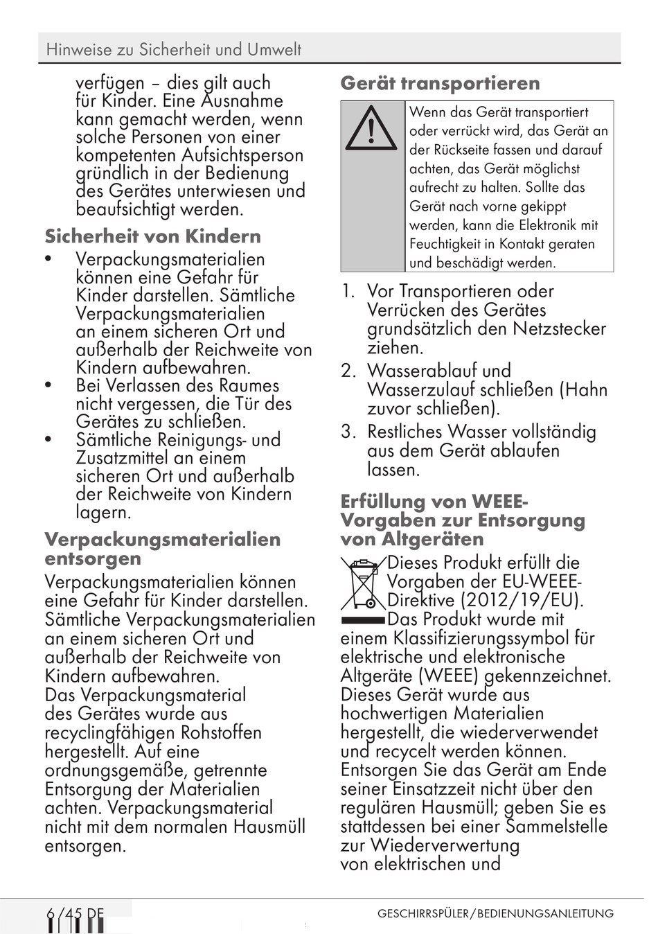 Sicherheit Von Kindern; Verpackungsmaterialien Entsorgen; Gert