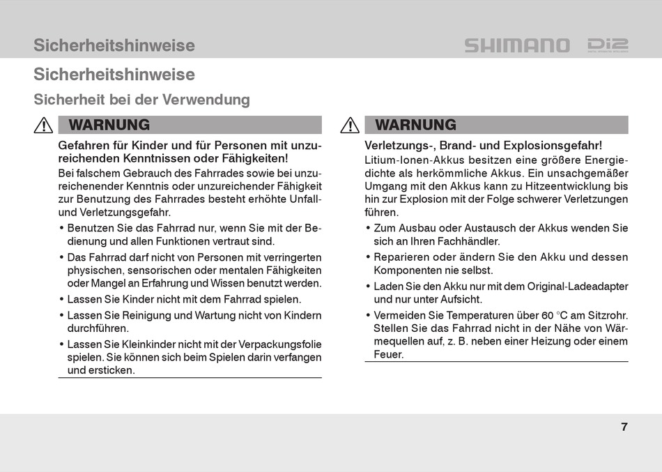 Sicherheitshinweise; Sicherheit Bei Der Verwendung Shimano DI2