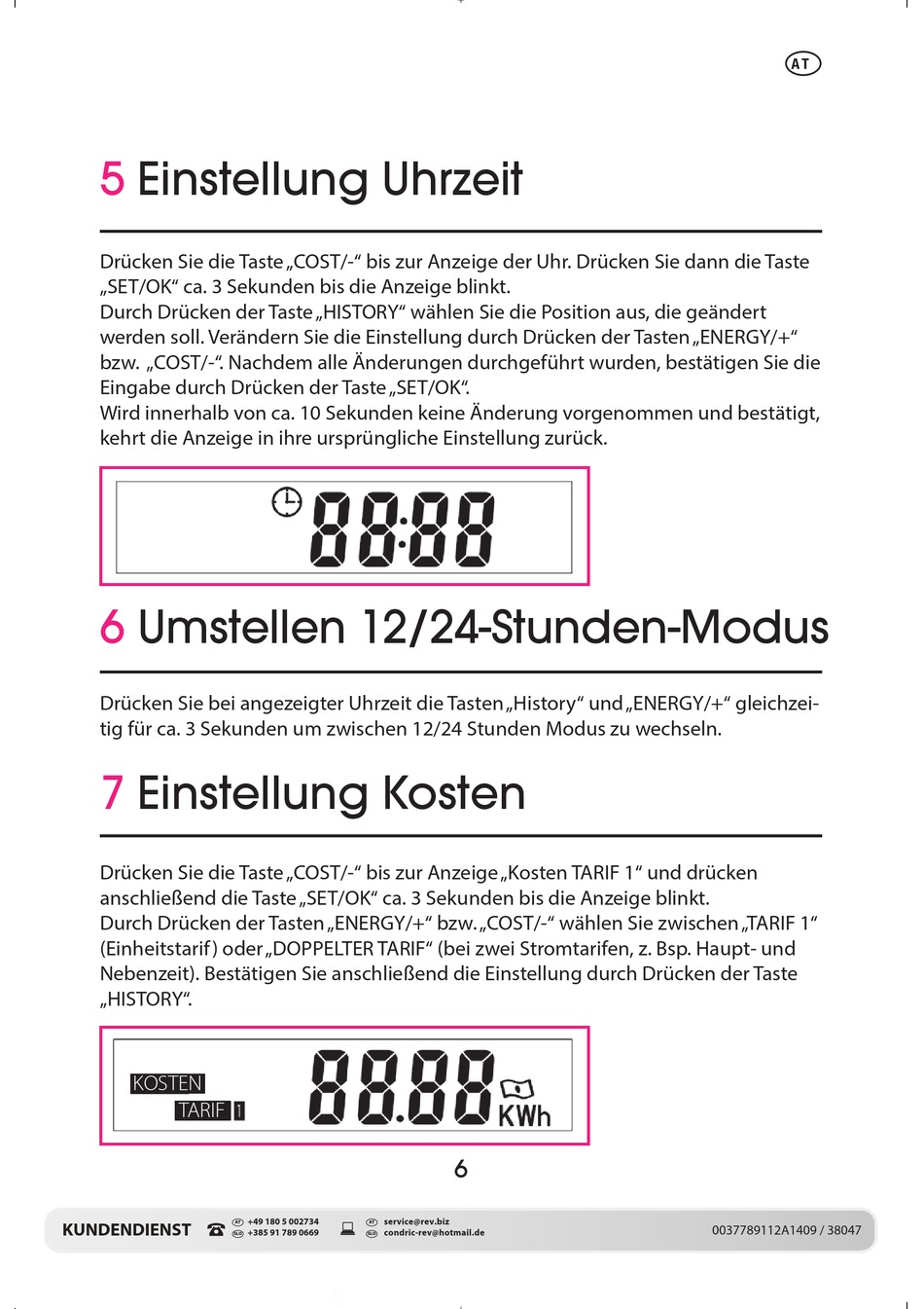 Einstellung Uhrzeit; Umstellen 12/24-Stunden-Modus; Einstellung Kosten ...