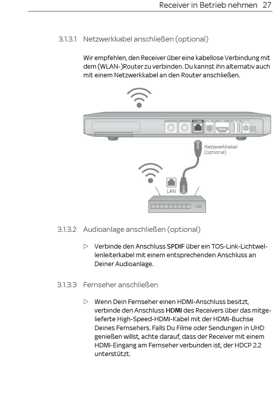 Netzwerkkabel Anschließen (Optional); Audioanlage Anschließen (Optional); Fernseher Anschließen