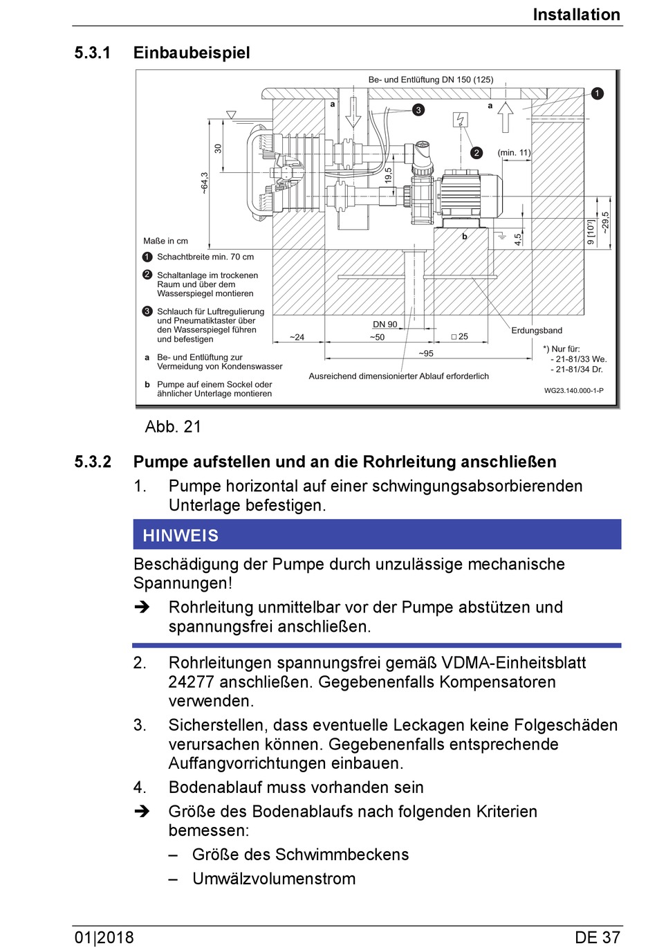 Einbaubeispiel; Pumpe Aufstellen Und An Die Rohrleitung Anschließen Einbaubeispiel; Pumpe Aufstellen Und An Die Rohrleitung Anschließen