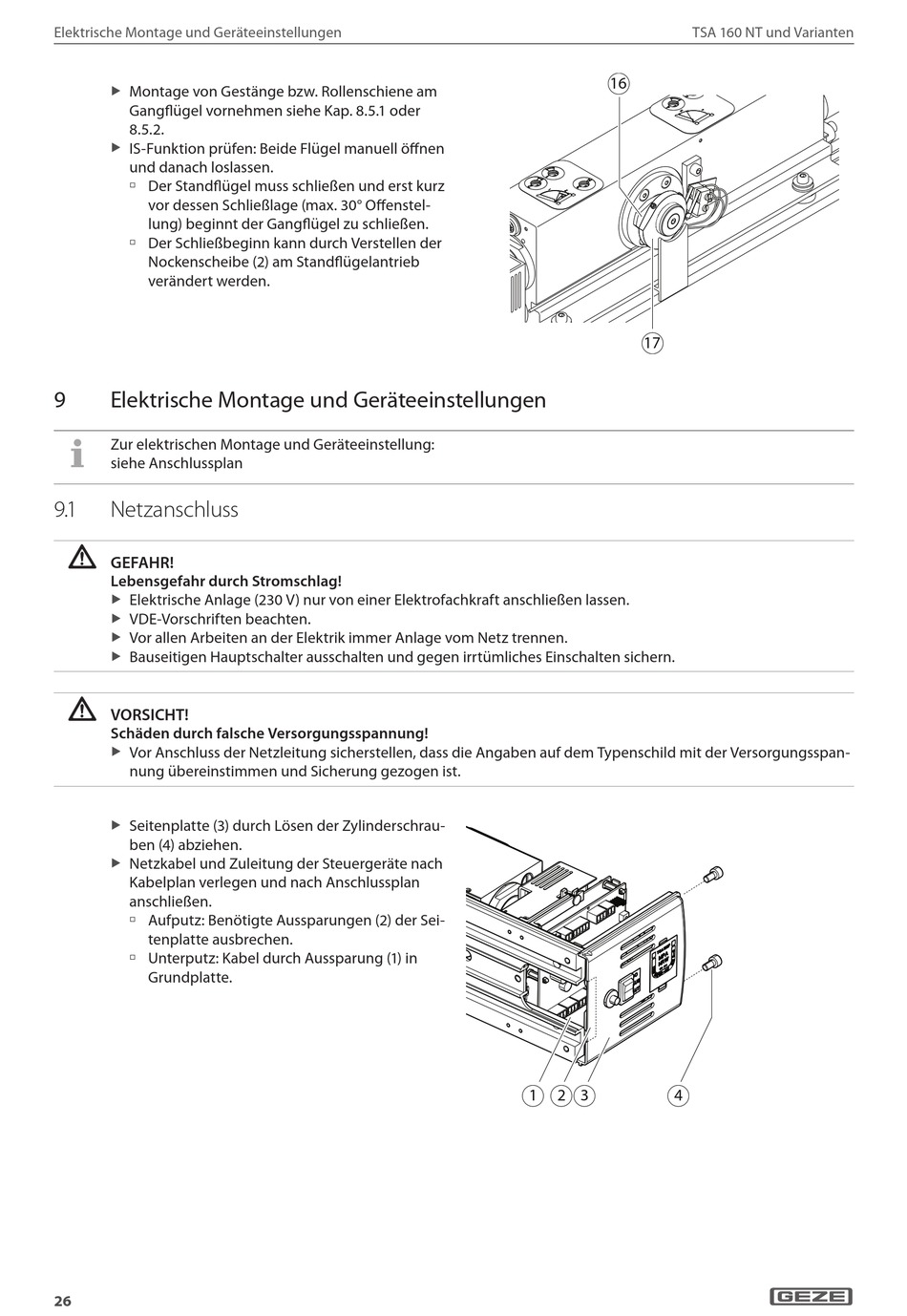 Elektrische Montage Und Geräteeinstellungen; Netzanschluss - GEZE TSA