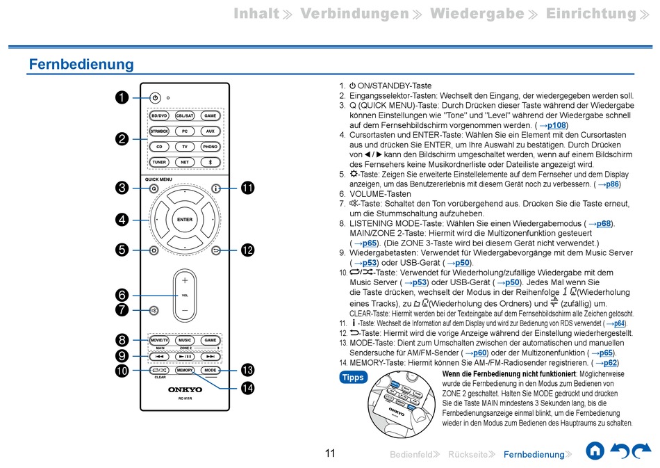 Fernbedienung Onkyo TXNR686 Bedienungsanleitung [Seite 11] ManualsLib