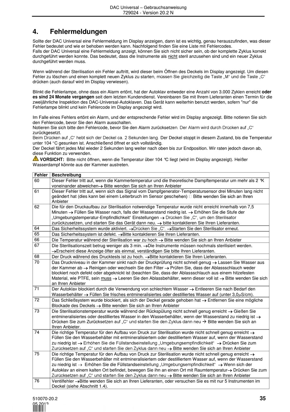 Fehlermeldungen - Sirona DAC Universal Gebrauchsanweisung [Seite 35 ...