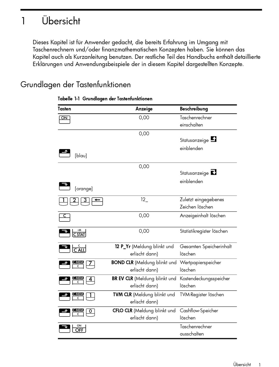 Übersicht; Grundlagen Der Tastenfunktionen - HP 10bII  Benutzerhandbuch ...
