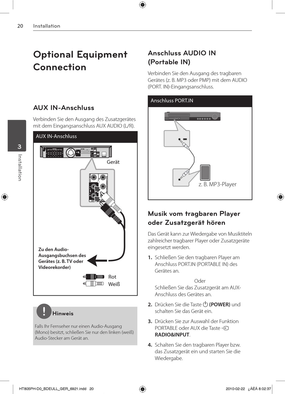 Optional Equipment Connection; Aux InAnschluss; Anschluss Audio In