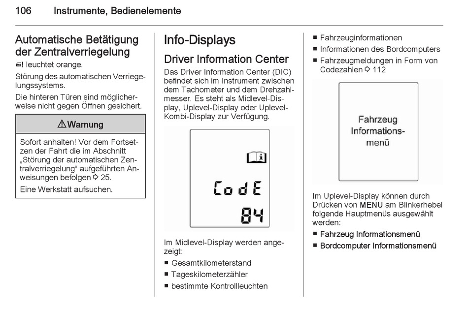 Info-Displays - Opel Meriva B Betriebsanleitung [Seite 108] | ManualsLib