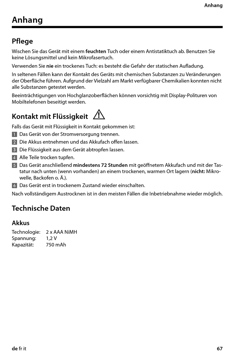Anhang; Kontakt Mit Flüssigkeit - Siemens GIGASET DUNE CL540 ...