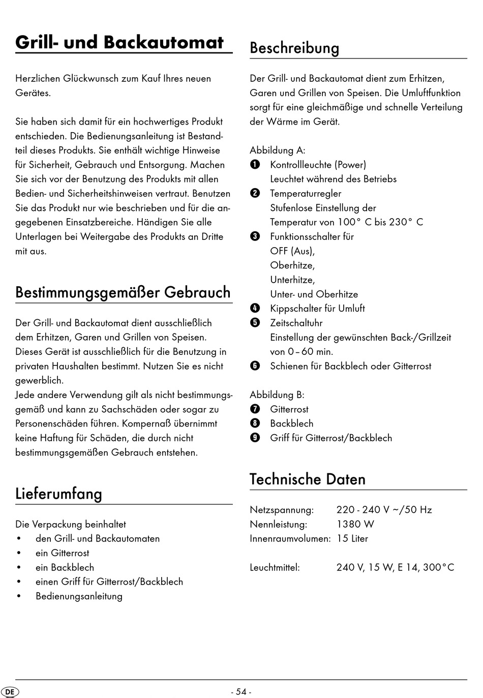 Bestimmungsgemäßer Gebrauch; Lieferumfang; Beschreibung; Technische ...