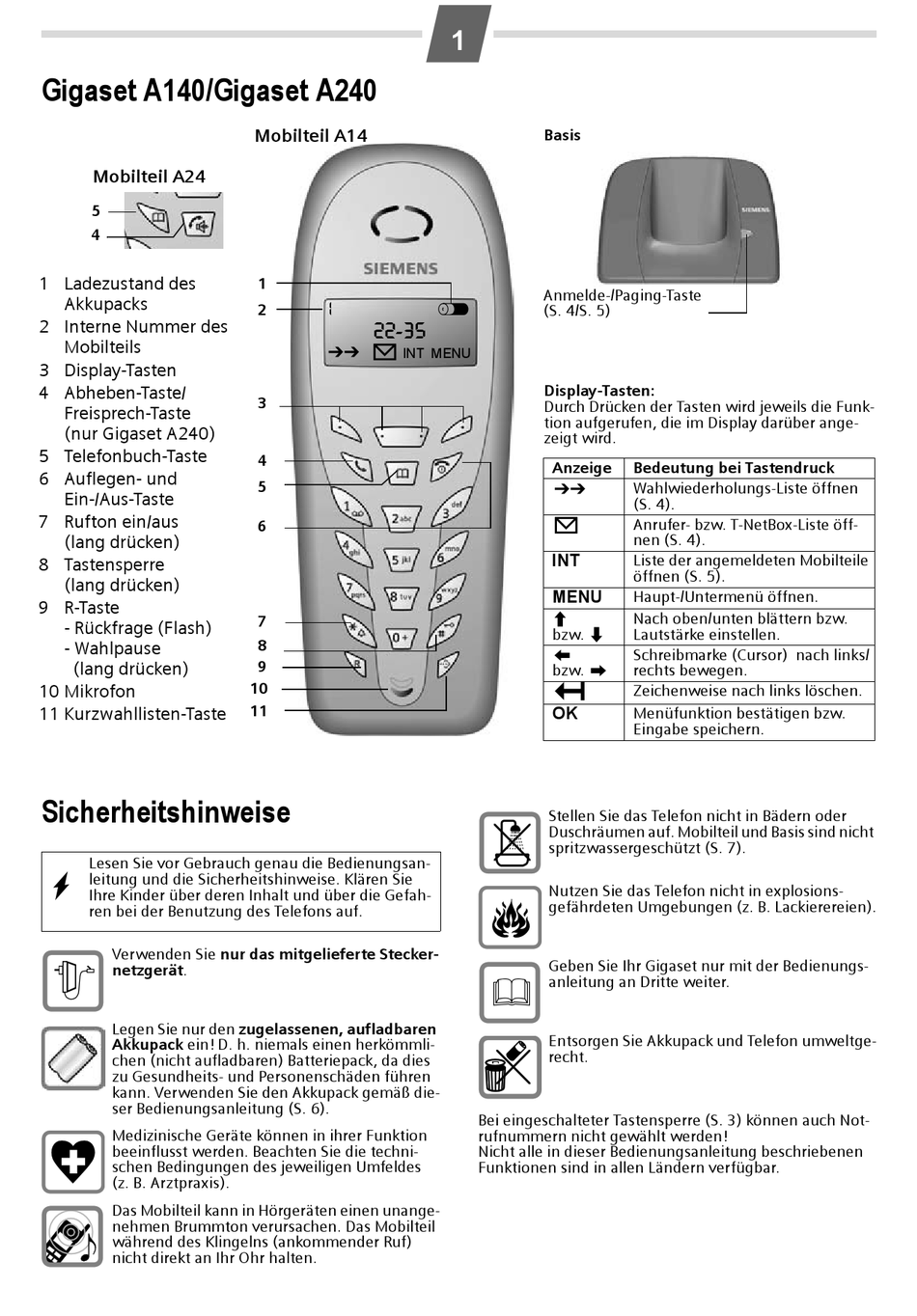 Sicherheitshinweise - Siemens Gigaset A140 Bedienungsanleitung [Seite 3 ...