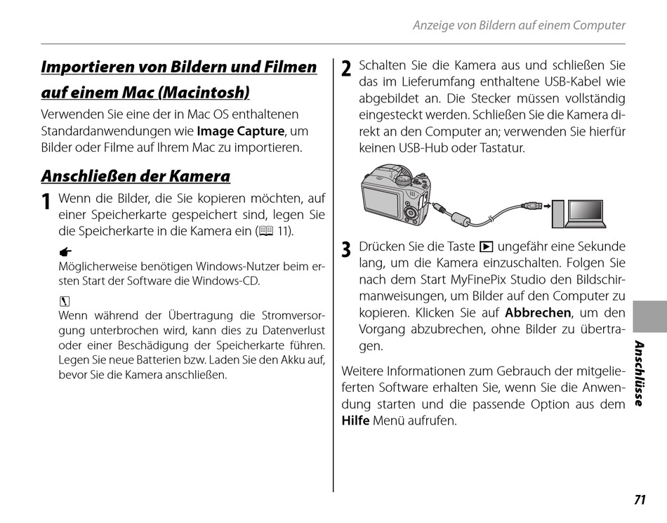 Importieren Von Bildern Und Filmen Auf Einem Mac (Macintosh); Anschließen  Der Kamera - FujiFilm FINEPIX S6800 Series Bedienungsanleitung [Seite 81] |  ManualsLib