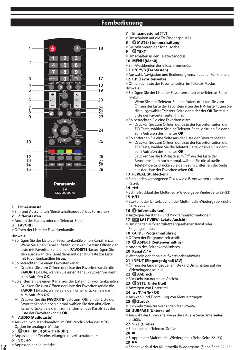 Fernbedienung - Panasonic TX-L42U5E Bedienungsanleitung [Seite 12 ...
