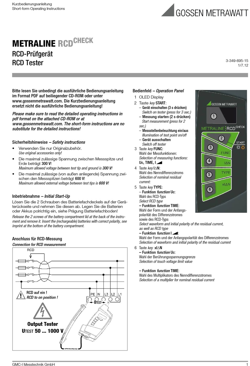 GOSSEN METRAWATT METRALINE RCDCHECK KURZBEDIENUNGSANLEITUNG Pdf ...