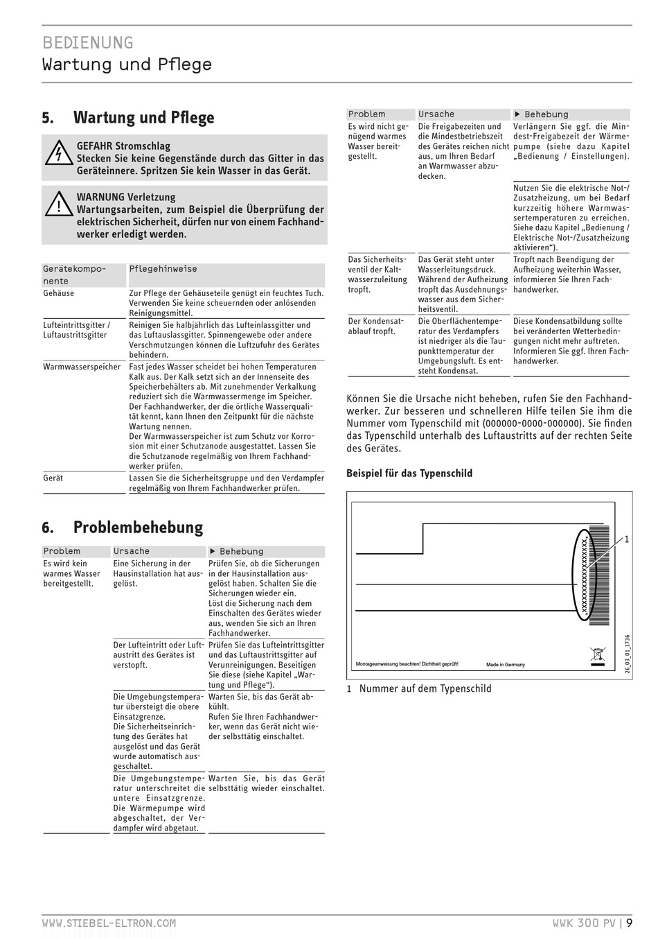 Wartung Und Pflege; Problembehebung STIEBEL ELTRON WWK 300 PV