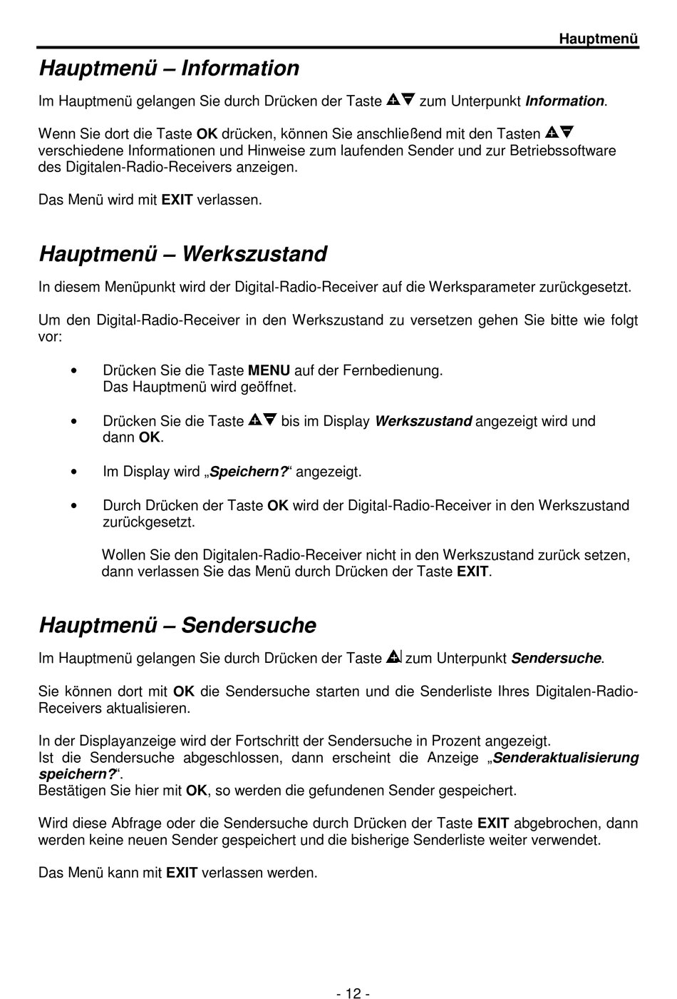 Hauptmenü Information; Hauptmenü Werkszustand; Hauptmenü