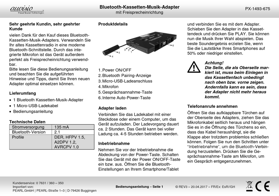 auvisio Kassetten-Musik-Adapter mit Bluetooth 2.1 & Freisprech