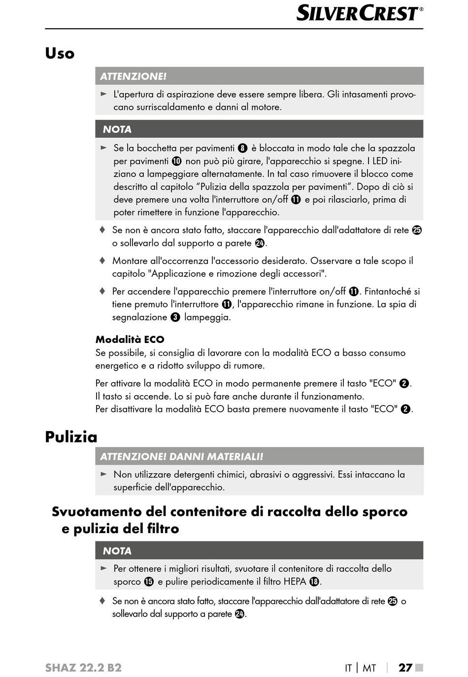 Uso; Modalità Eco; Pulizia; Svuotamento Del Contenitore Di Raccolta Dello  Sporco E Pulizia Del Filtro - Silvercrest SHAZ 22.2 B2 Bedienungsanleitung  [Seite 30]