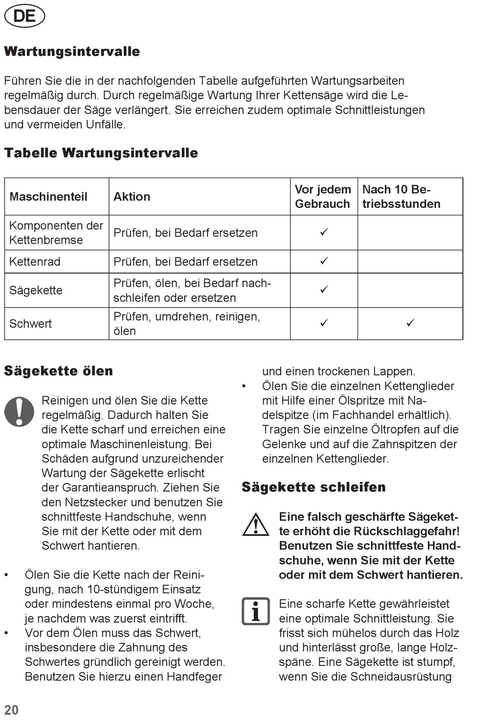 Wartungsintervalle Tabelle Wartungsintervalle S Gekette Len