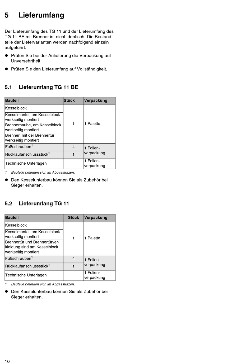 Lieferumfang; Lieferumfang Be; Lieferumfang - Sieger TG 11 Montage- Und ...