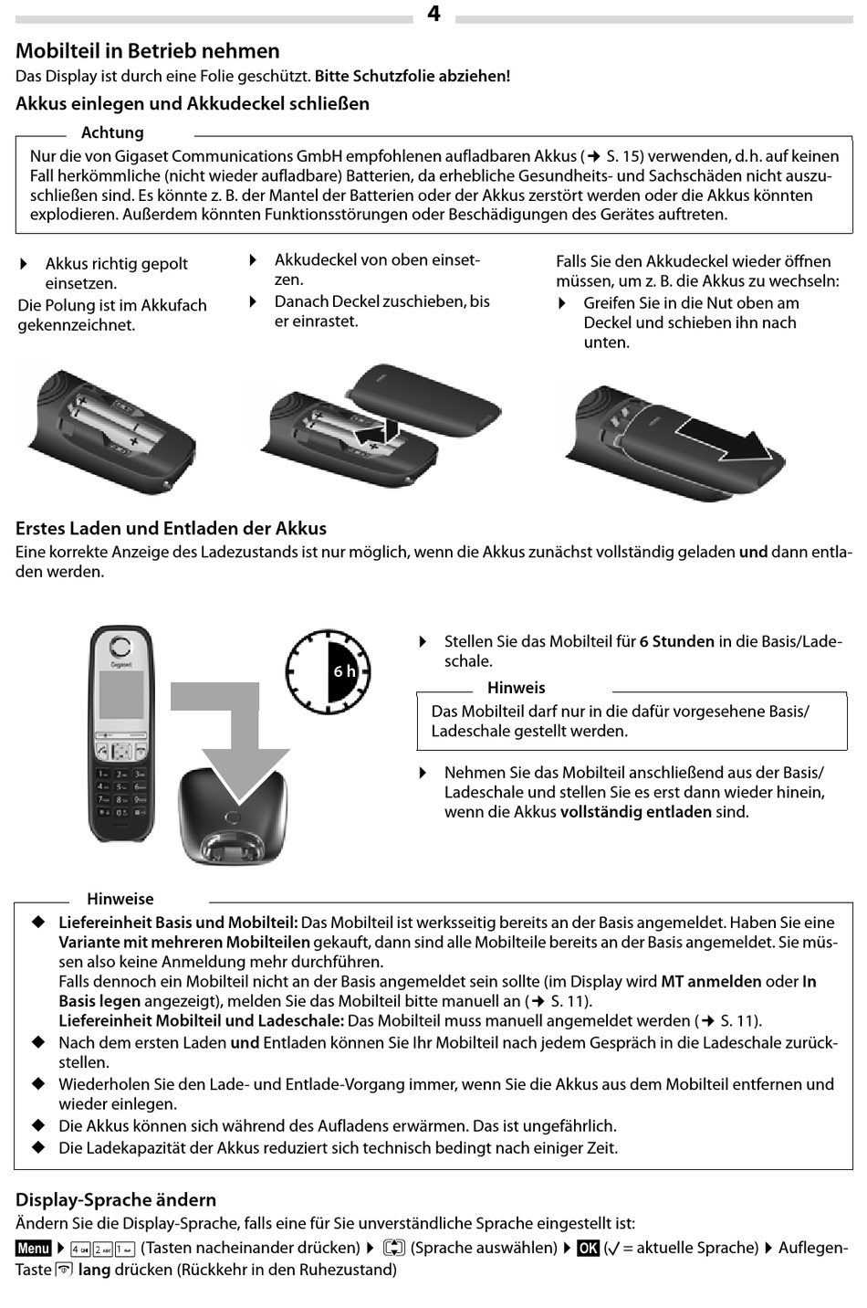 Mobilteil In Betrieb Nehmen; Akkus Einlegen Und Akkudeckel Schließen ...