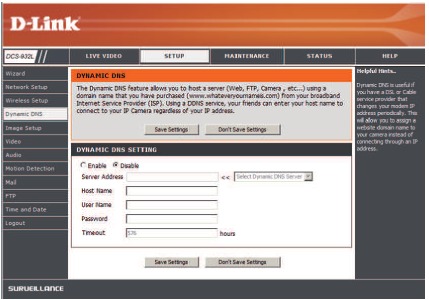Screenshot der DDNS-Einstellungen mit Optionen zum Aktivieren von DDNS, zur Auswahl des Servers und zur Eingabe von Host-Informationen.
