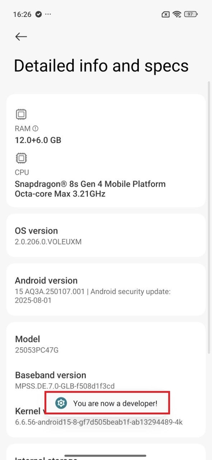 Meldung &bdquo;Developer Mode enabled&ldquo; (Entwicklermodus aktiviert) auf dem POCO F7